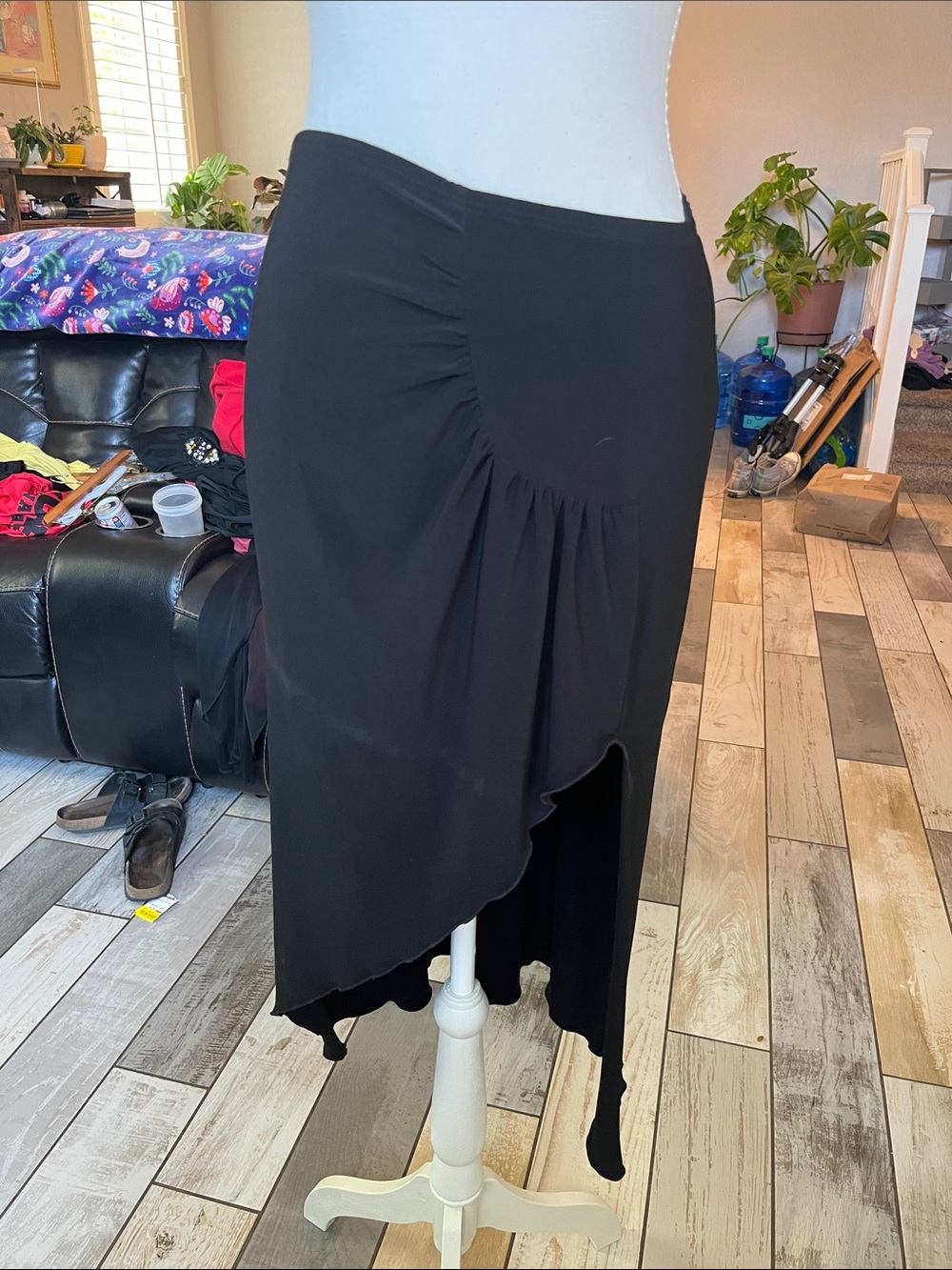 Black Asymmetrical Ruched Midi Skirt